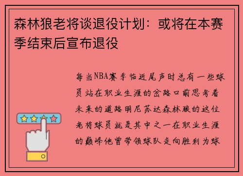 森林狼老将谈退役计划：或将在本赛季结束后宣布退役