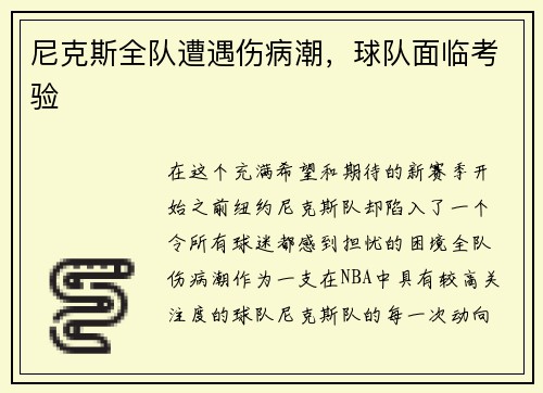 尼克斯全队遭遇伤病潮，球队面临考验